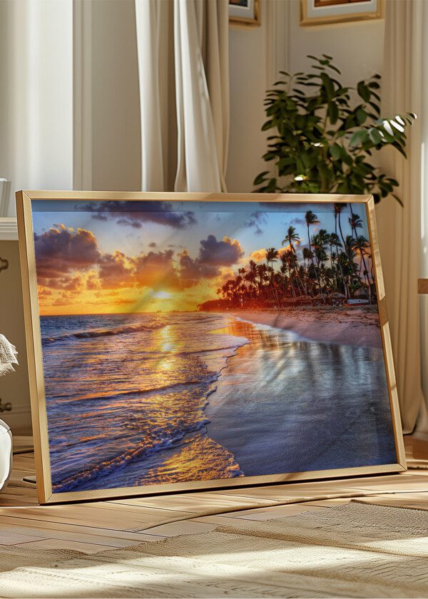 BEACH WITH HUTS AND PALM TREES