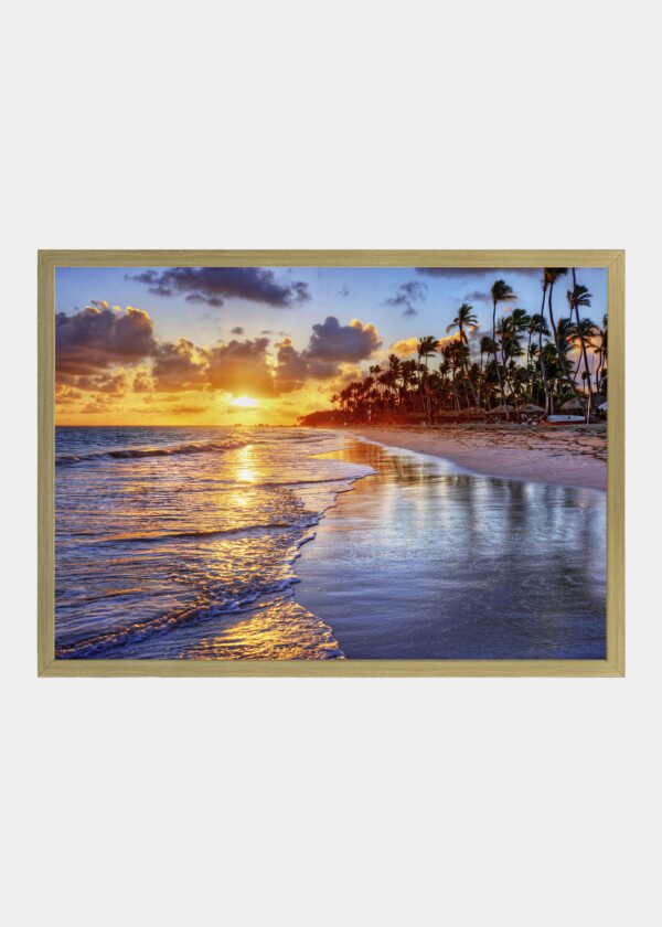 BEACH WITH HUTS AND PALM TREES