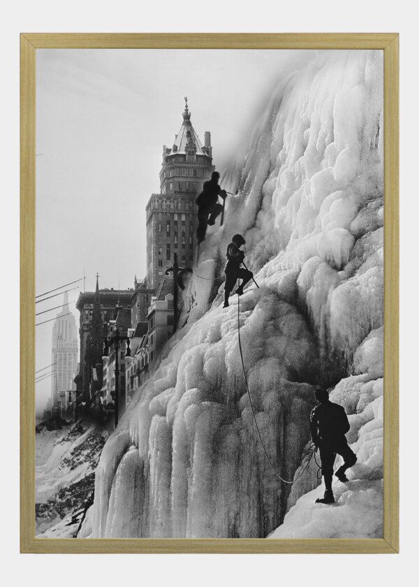 CLIMBERS ON GLACIER WITH SKYSCRAPERS IN BACKGROUND