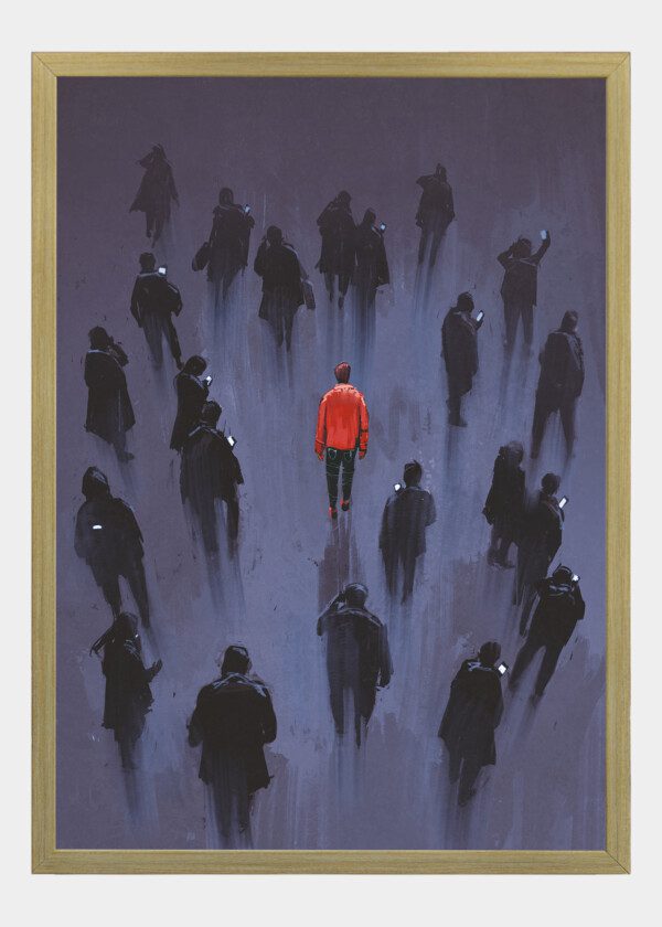 PAINTING. RED MAN AMONG BLACK MEN WITH MOBILE PHONES