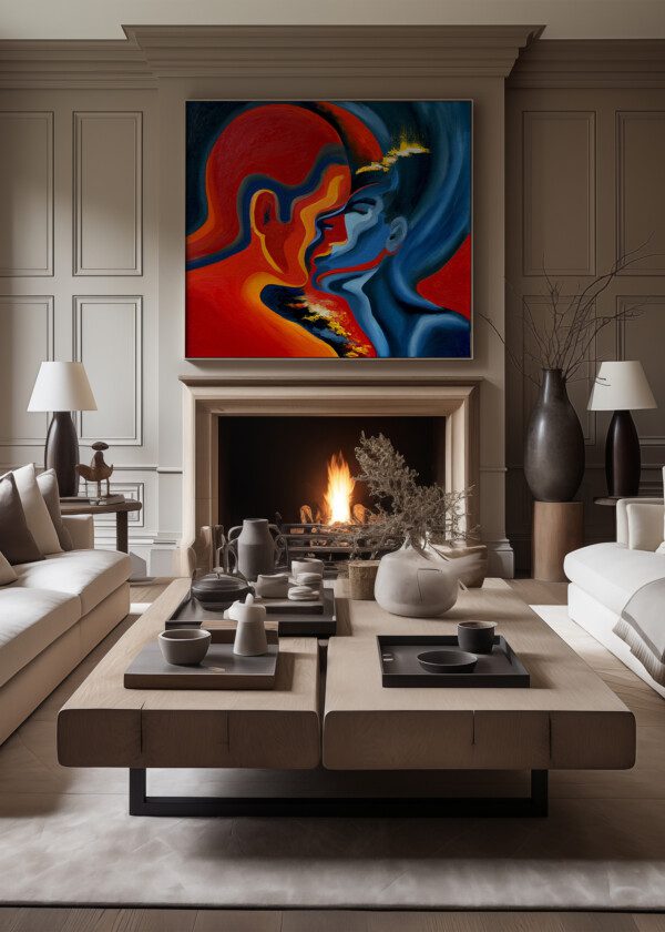 KISS, ABSTRACT BLUE AND RED OIL PAINTING