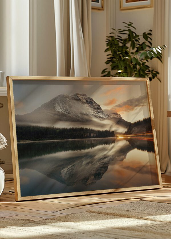 MOUNTAINS AND LAKE IN EVENING LIGHT
