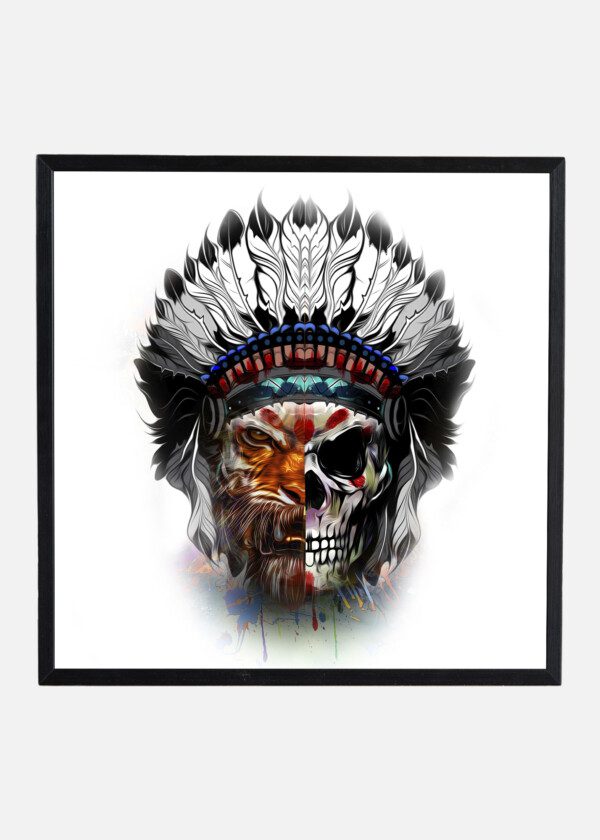 ILLUSTRATION. SKULL WITH NATIVE AMERICAN FEATHERS