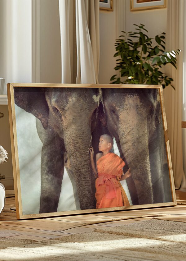 BUDDHIST BOY AND ELEPHANTS