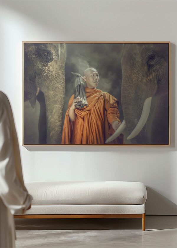 BUDDHIST MONK AND ELEPHANTS