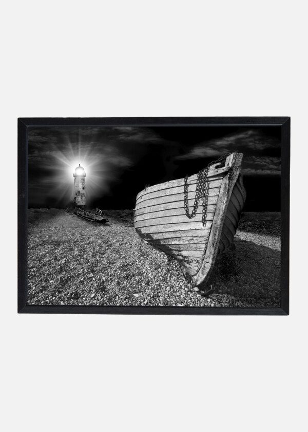 LIGHTHOUSE AND WOODEN BOAT