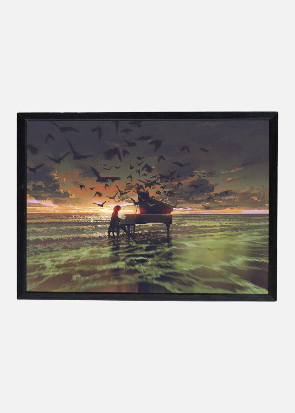 GRAND PIANO AND BIRDS BY THE SHORE