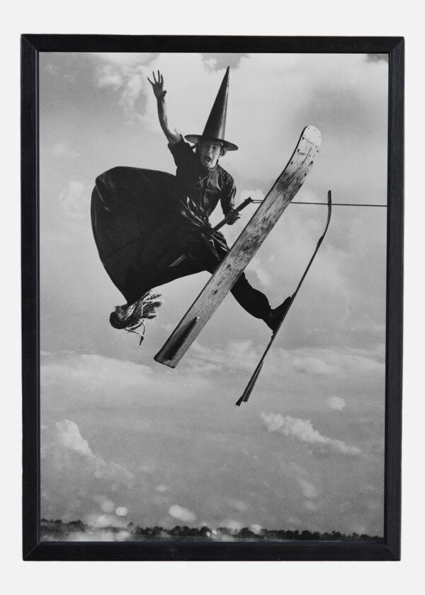 WATER SKI CHAMPION ALFREDO MENDOZA SKIING IN WITCH'S COSTUME, FLORIDA 1953