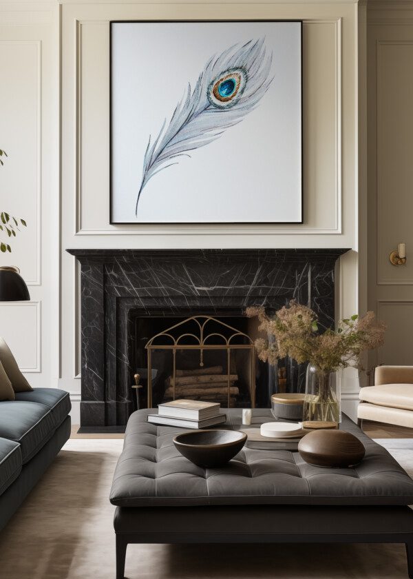 WATERCOLOR ILLUSTRATION OF A WHITE PEACOCK FEATHER