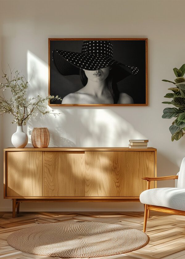 FASHION PORTRAIT OF A WOMAN WITH BLACK AND WHITE DOTS HAT AND POUT LIPS