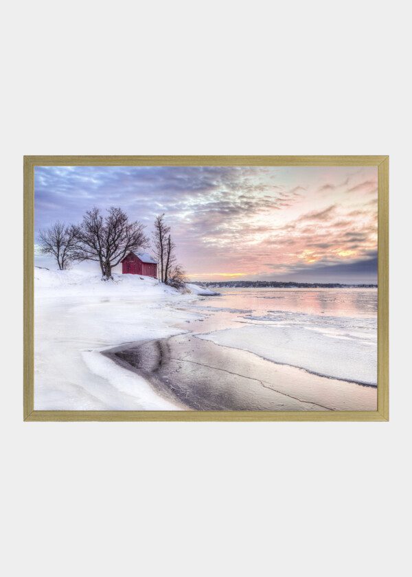 A WINTER PHOTO OF A RED LITTLE COTTAGE WITH SOME TREES IN THE ARCHIPELAGO OF STOCKHOLM, SWEDEN
