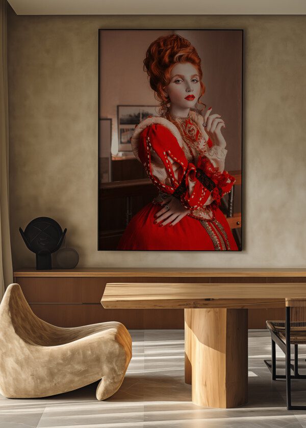 RED-HAIRED GIRL WITH BLUE EYES IN RED DRESS