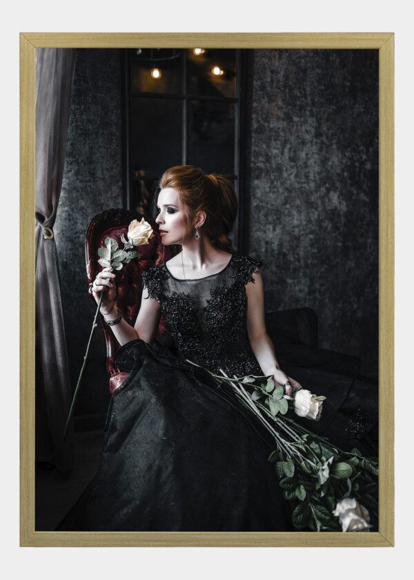 ATTRACTIVE WOMAN IN BLACK DRESS IN MEDIEVAL INTERIOR