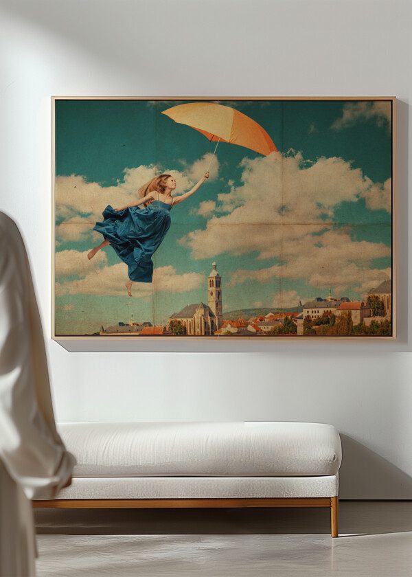 ART COLLAGE WITH FLYING WOMAN, VINTAGE IMAGE