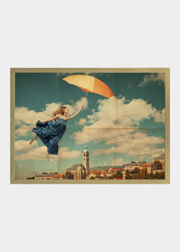 ART COLLAGE WITH FLYING WOMAN, VINTAGE IMAGE
