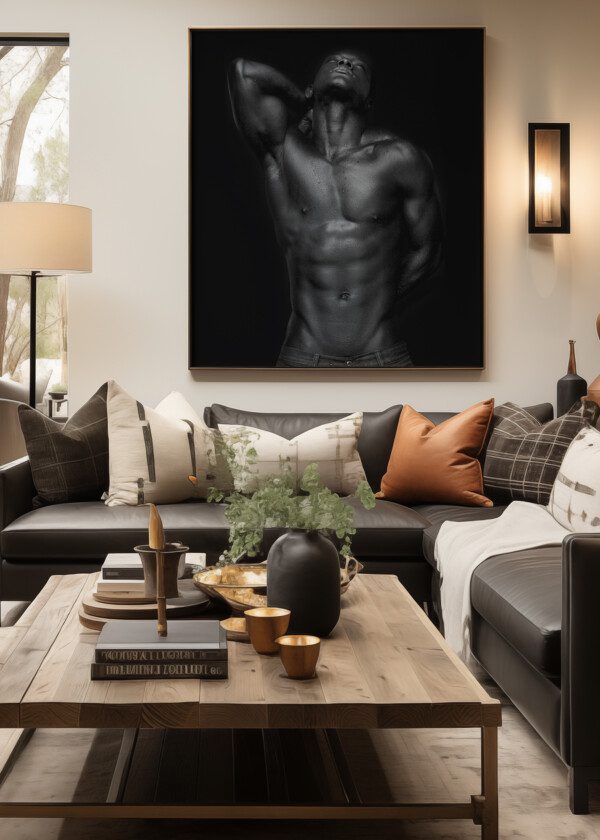 PORTRAIT OF AN ATHLETIC AFRICAN AMERICAN LOOKING UP - BLACK AND WHITE