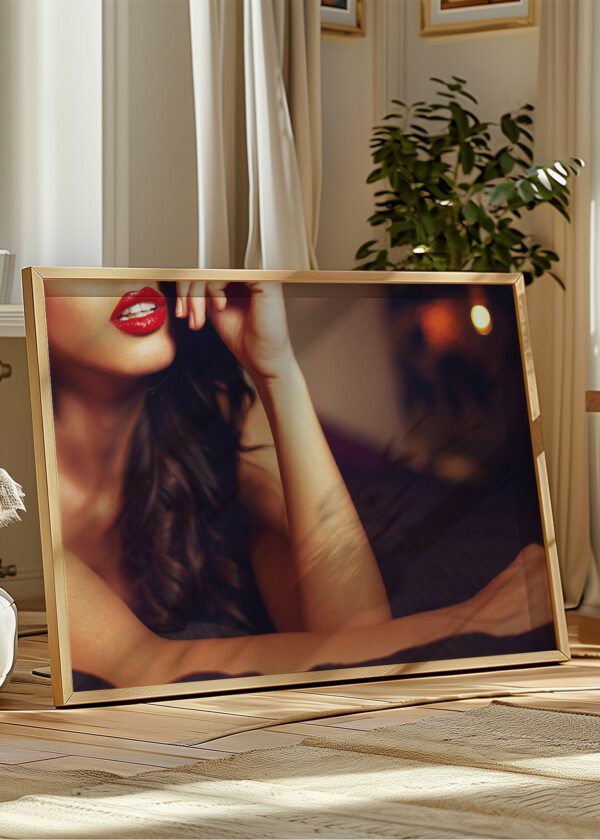 SEXY WOMAN WITH RED LIPS ON BED CLOSEUP, SENSUAL LOVER