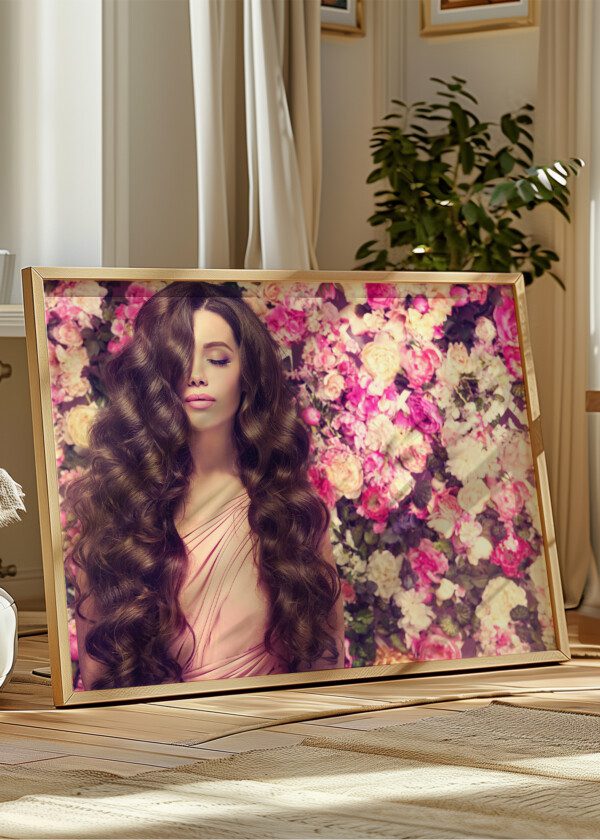 BRUNETTE SPRING GIRL WITH LONG AND SHINY WAVY HAIR