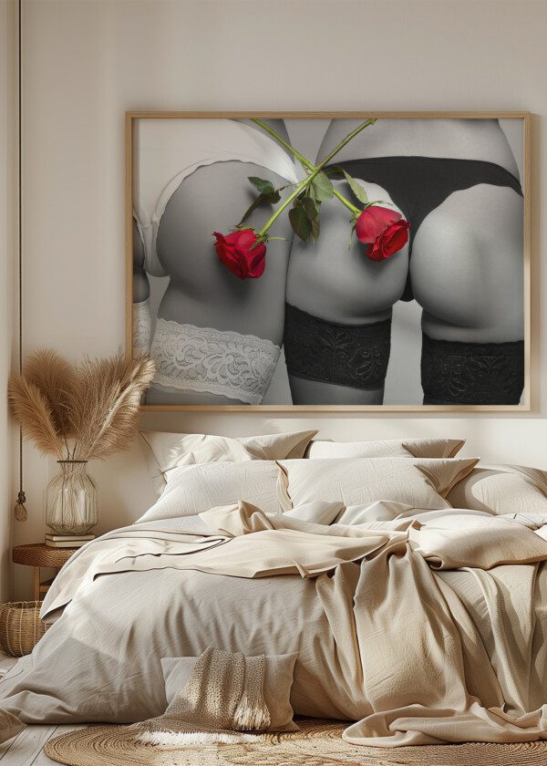 SEXY WOMEN ASSES WITH CROSSED RED ROSES, BLACK AND WHITE, SELECTIVE COLORING