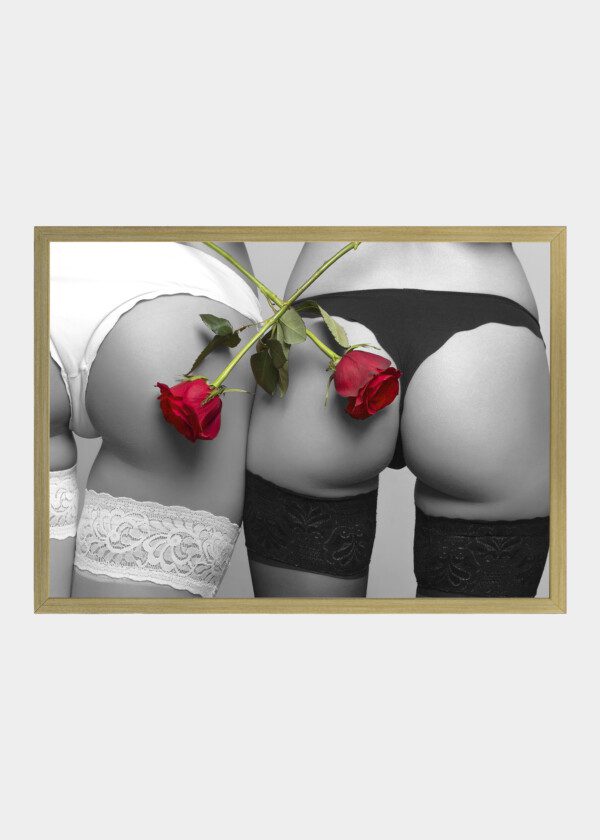 SEXY WOMEN ASSES WITH CROSSED RED ROSES, BLACK AND WHITE, SELECTIVE COLORING