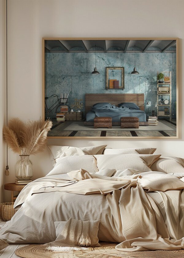 MASTER BEDROOM IN INDUSTRIAL STYLE WITH OLD BLUE WALL