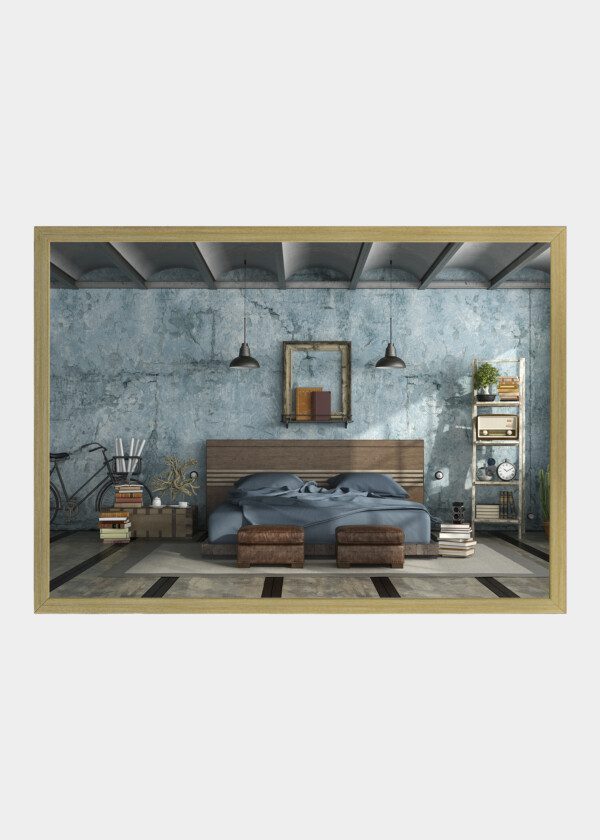 MASTER BEDROOM IN INDUSTRIAL STYLE WITH OLD BLUE WALL