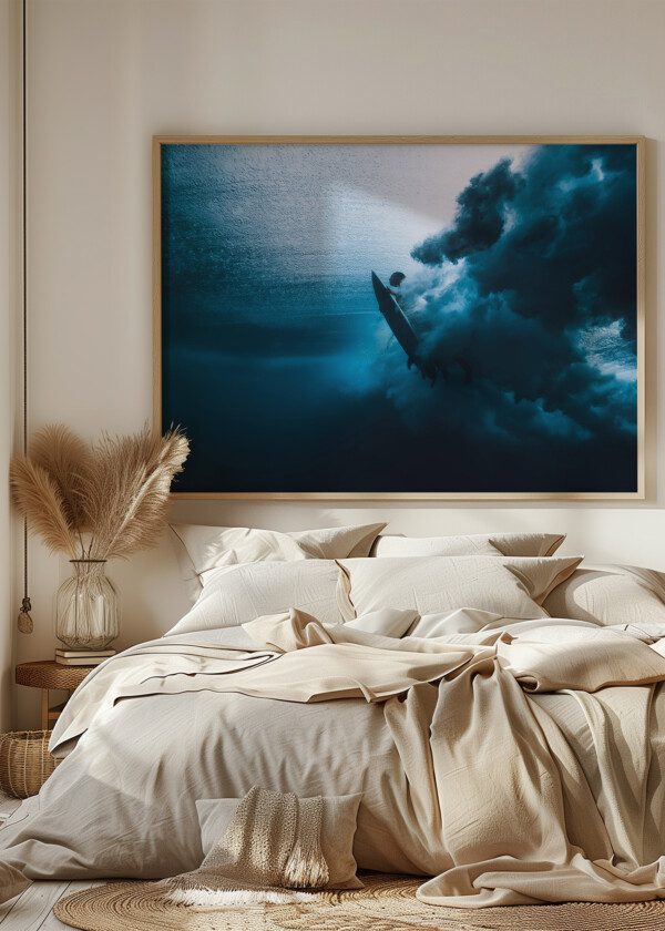 SURFER MAN WITH SURFBOARD DIVE UNDERWATER WITH UNDER OCEAN WAVE