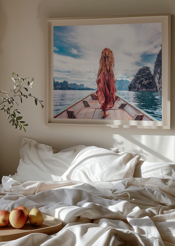 FASHIONABLE YOUNG MODEL IN BOHO STYLE DRESS ON BOAT AT THE LAKE