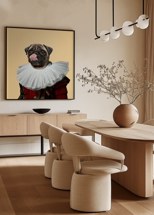 MODEL LIKE MEDIEVAL ROYALTY PERSON IN VINTAGE CLOTHING HEADED BY DOG HEAD ON YELLOW