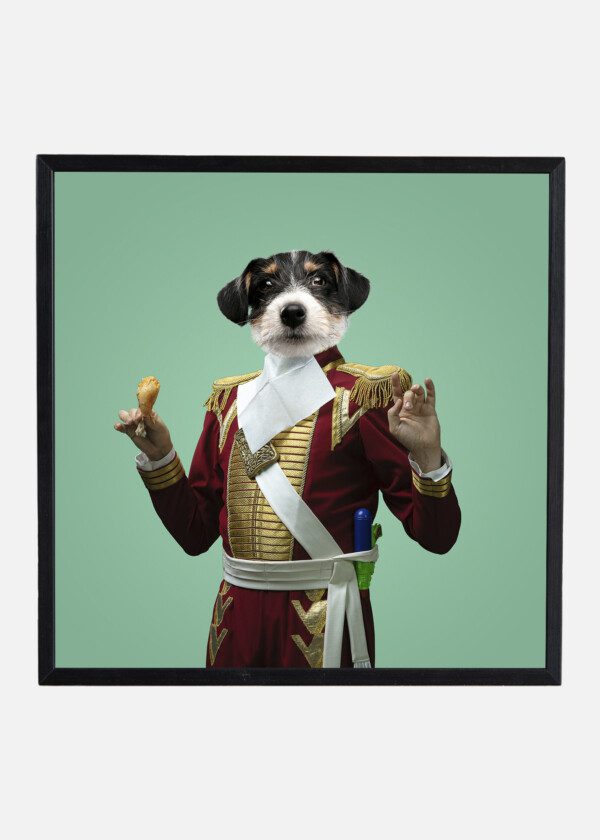 MODEL LIKE MEDIEVAL ROYALTY PERSON IN VINTAGE CLOTHING HEADED BY DOG HEAD ON PASTEL GREEN BACKGROUND