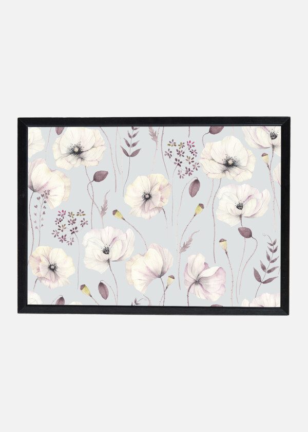 FLORAL SEAMLESS PATTERN WITH DELICATE POPPIES AND ABSTRACT PLANTS ON GREY-TURQUOISE BACKGROUND