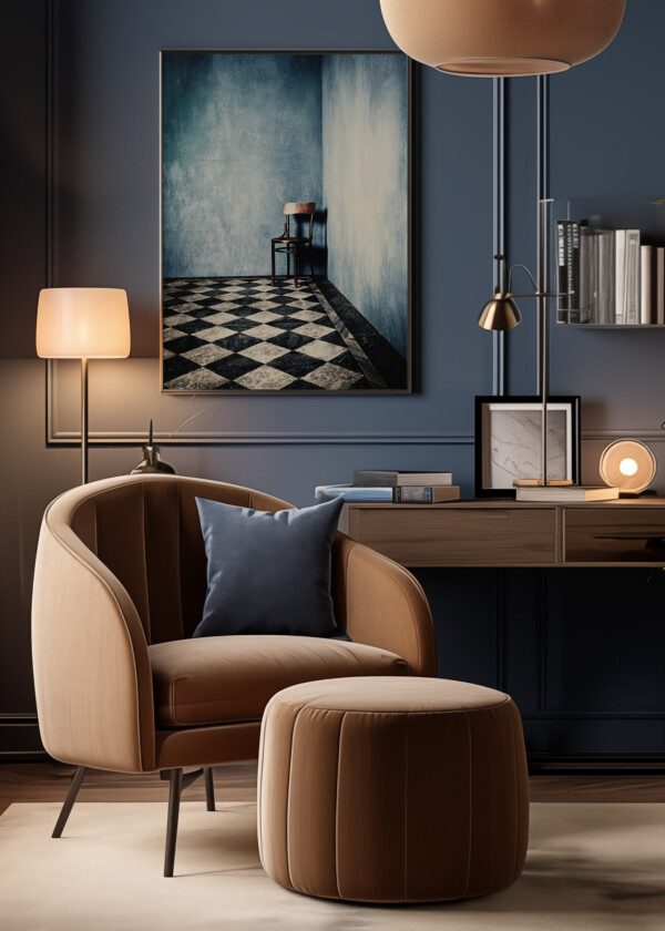 GRUNGE ROOM WITH BLUE OLD WALLS TILED FLOOR AND WOODEN CHAIR IN CORNER