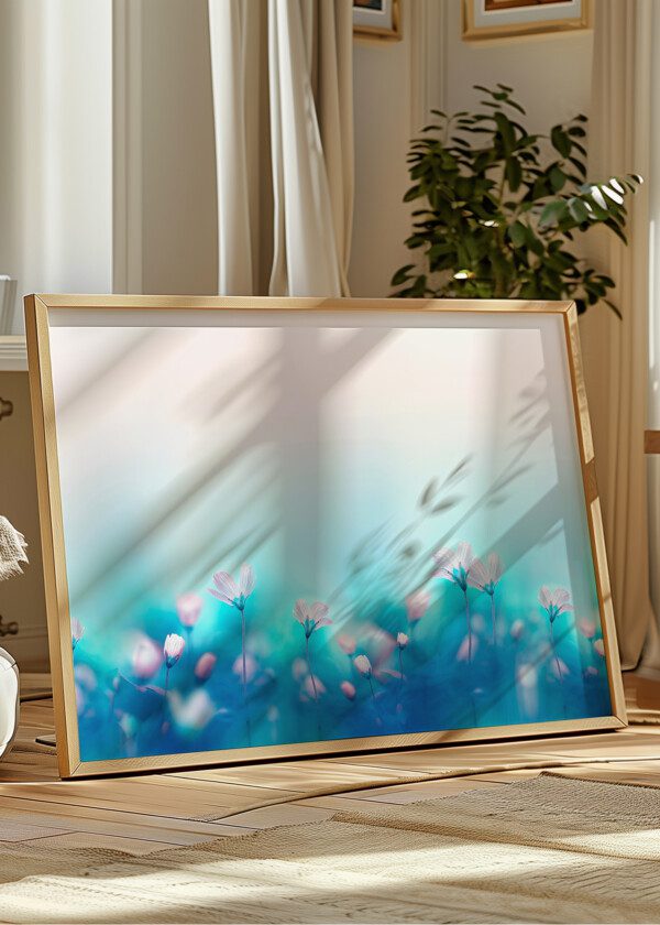 SPRING FOREST WITH WHITE PRIMROSES FLOWERS ON A BEAUTIFUL SOFT LIGHT BLUE BACKGROUND