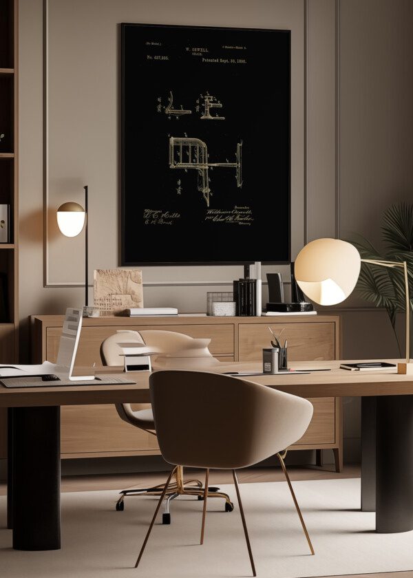 Motiv: Patent Print - Chair Fig 4-6. Miljöbild - Upphängd på väggen i tavelram