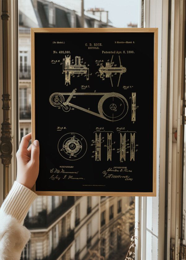 Motiv: Patent Print - C.D Rice Bicycle Fig 5-10. Miljöbild - Upphängd på väggen i tavelram