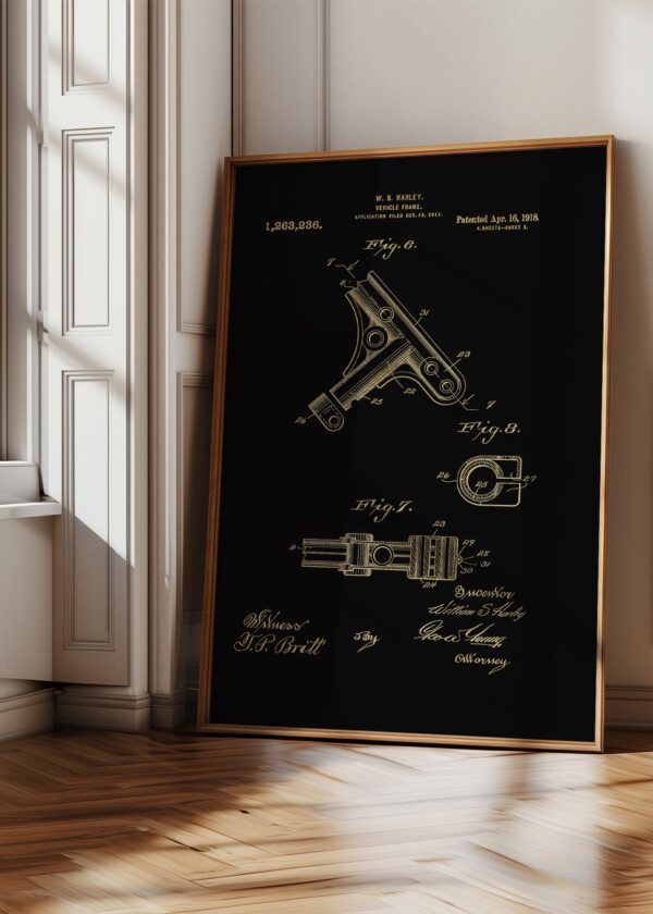 Motiv: Patent Print - W.S Harley Vehicle Frame Fig 6-8. Miljöbild - Upphängd på väggen i tavelram