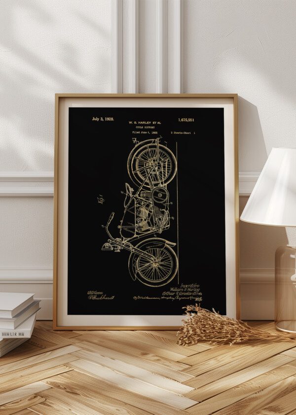 Motiv: Patent Print - W.S Harley Cycle support Fig1. Miljöbild - Upphängd på väggen i tavelram