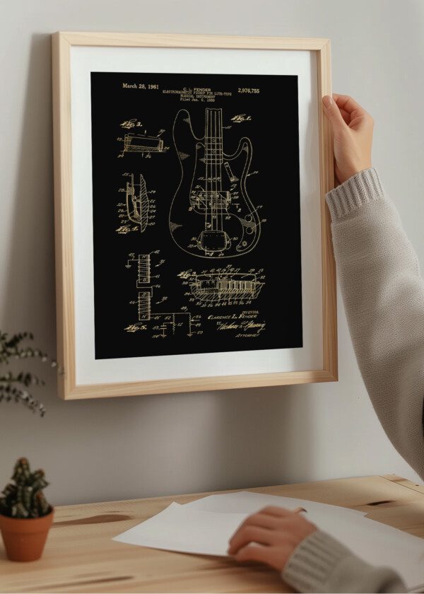Motiv: Patent Print - Electric guitar. Miljöbild - Upphängd på väggen i tavelram